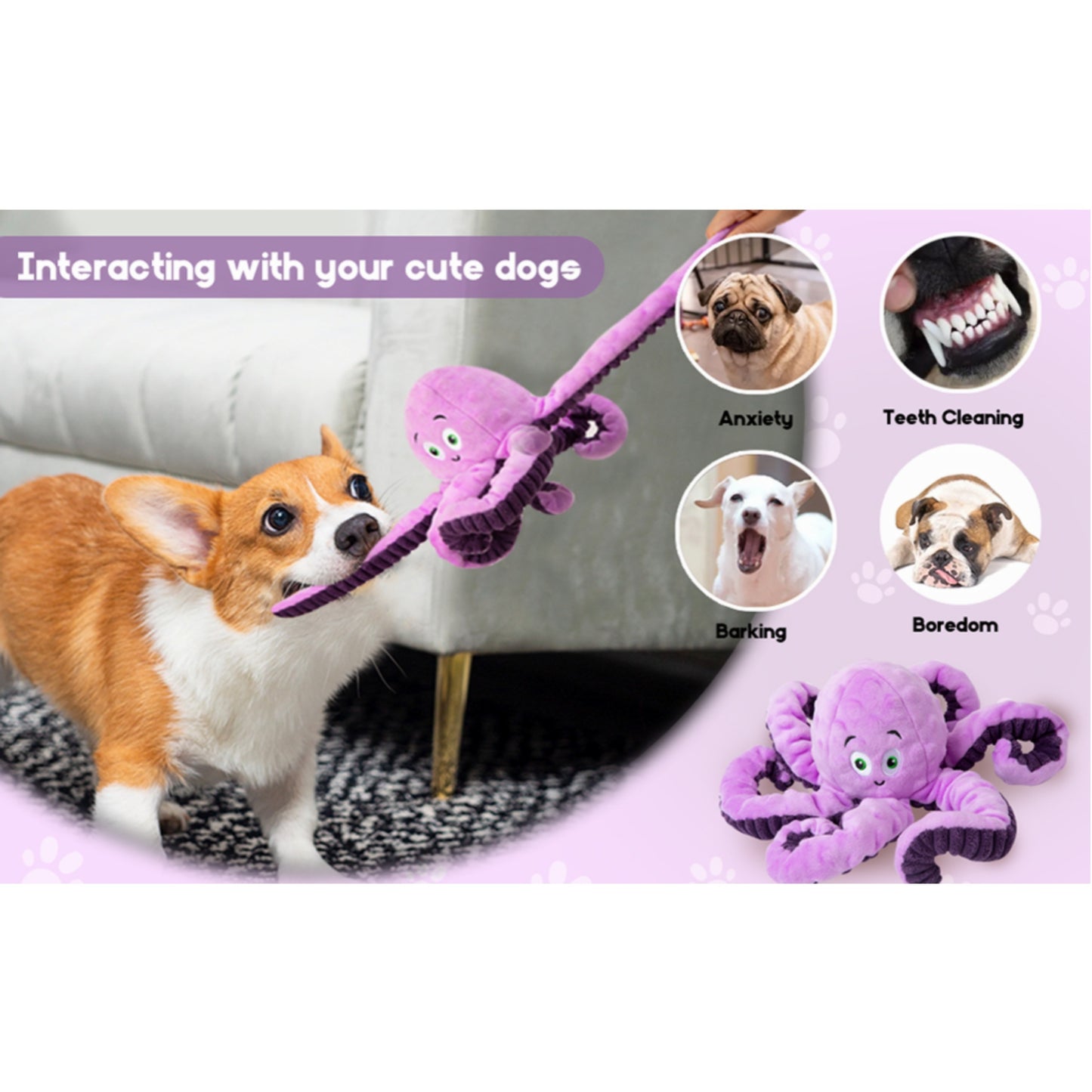 Floppy Squeaky Plush Octopus Dog Toy – Interactive Crinkle Chew for Anxiety Relief