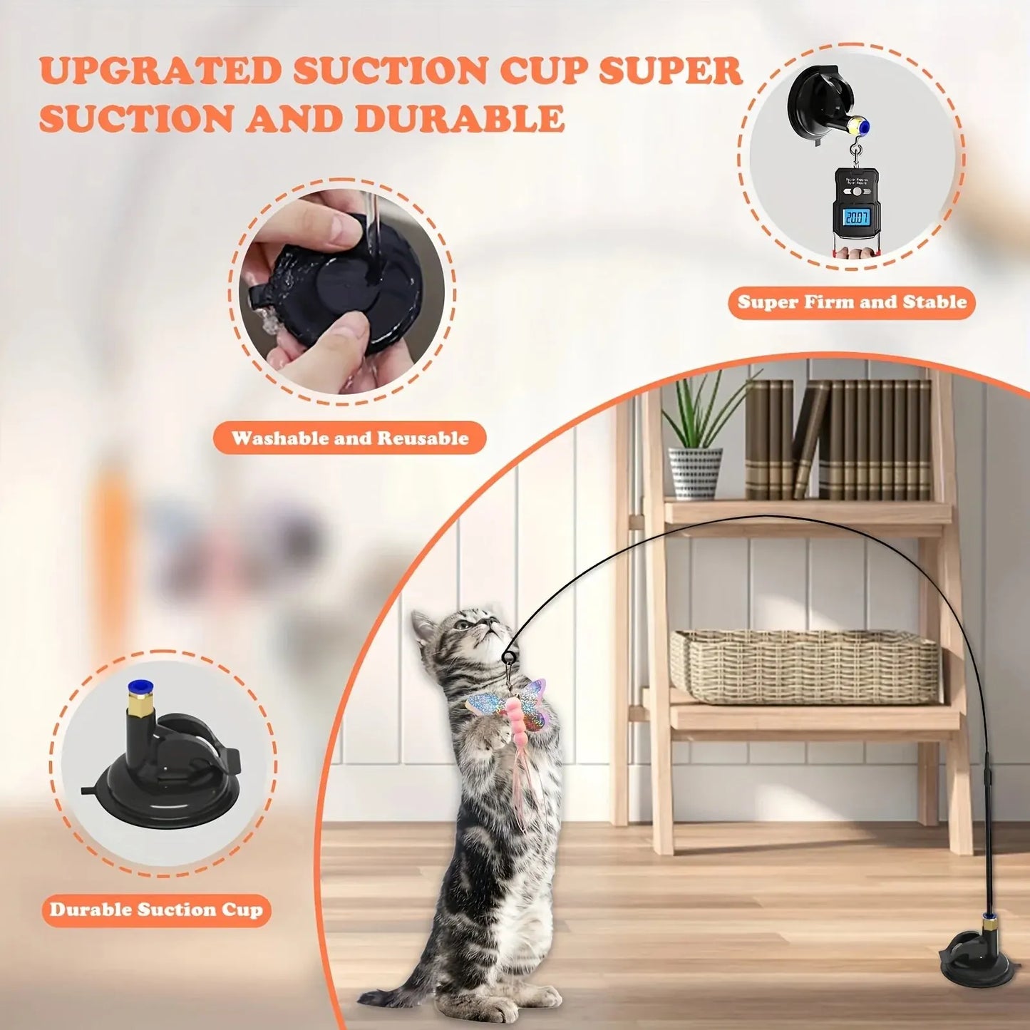 Interactive Cat Teaser Wand with Bell & Feather – Long Suction Cup Pole Toy