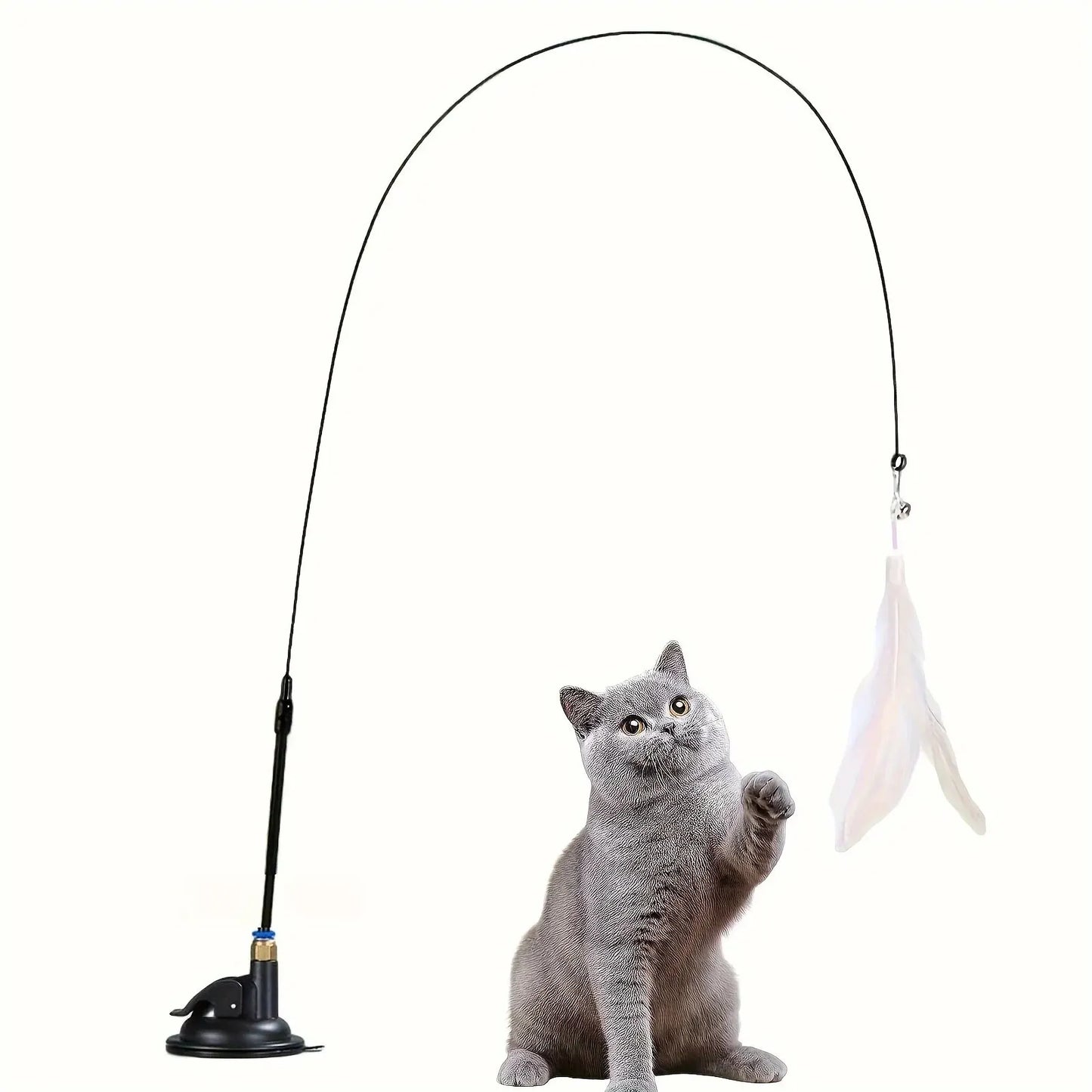 Interactive Cat Teaser Wand with Bell & Feather – Long Suction Cup Pole Toy