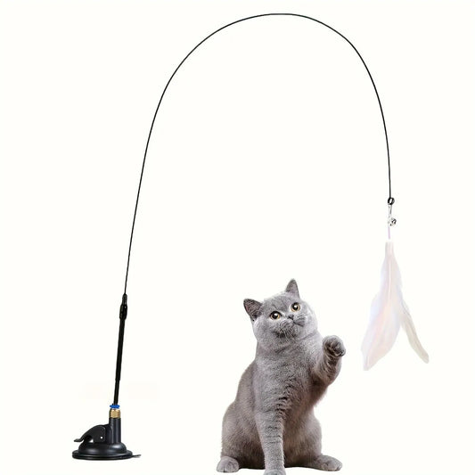 Interactive Cat Teaser Wand with Bell & Feather – Long Suction Cup Pole Toy