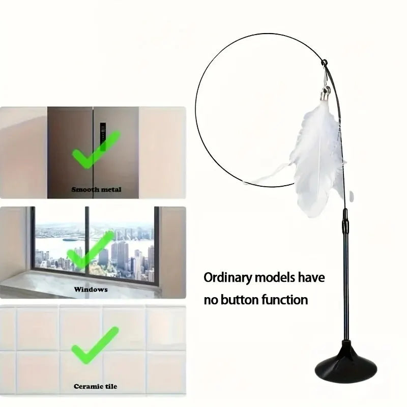 Interactive Cat Teaser Wand with Bell & Feather – Long Suction Cup Pole Toy