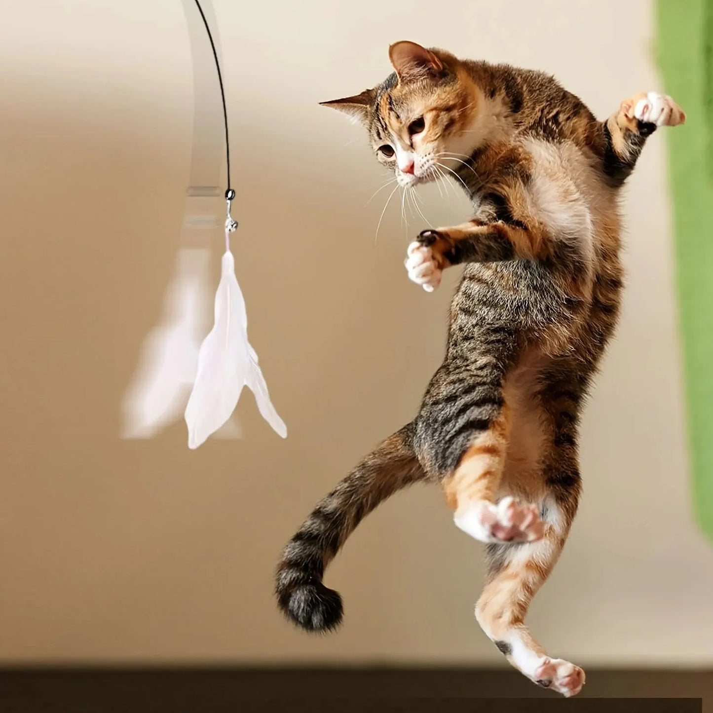 Interactive Cat Teaser Wand with Bell & Feather – Long Suction Cup Pole Toy