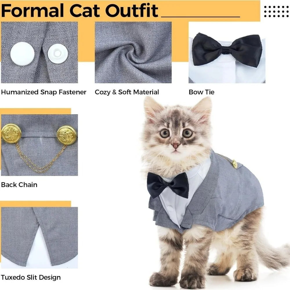 Funny Cat Birthday Suit with Tie – Wedding Vest & Bowknot Costume for Pets